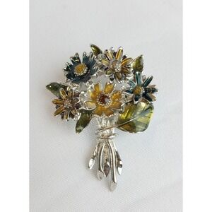 Vintage enamel flower‎ bouquet brooch pin silver tone mid century